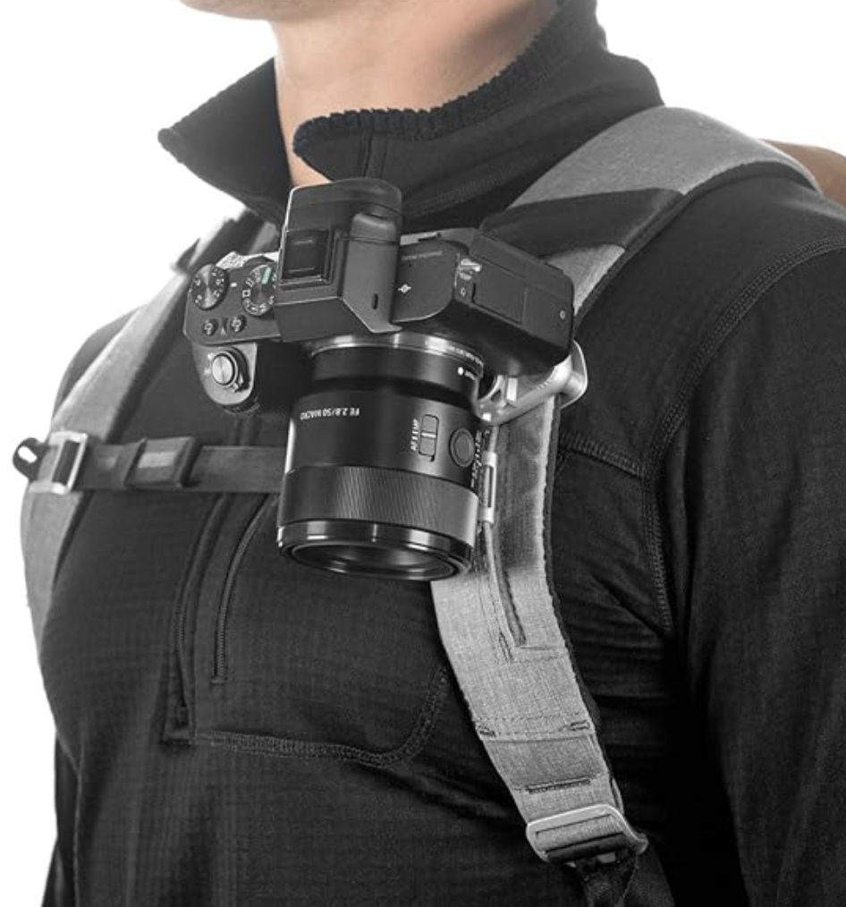 Camera mount securely holds DSLR on your backpack during any physical activity