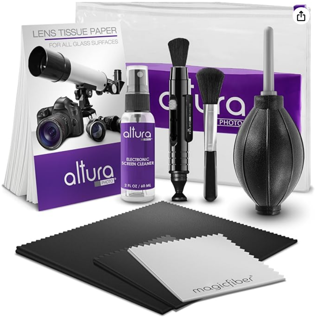 Kit includes: Altura Photo Lens Cleaner 2 oz. Bottle + Altura Photo Lens Cleaning Pen + Altura Photo Lens Brush + Altura Photo Air Blower Cleaner + Altura Photo 50 Sheets Lens Cleaning Tissue Paper + 3 Pack Extra-large Oversize and Original Premium MagicFiber Microfibers Cleaning Cloths