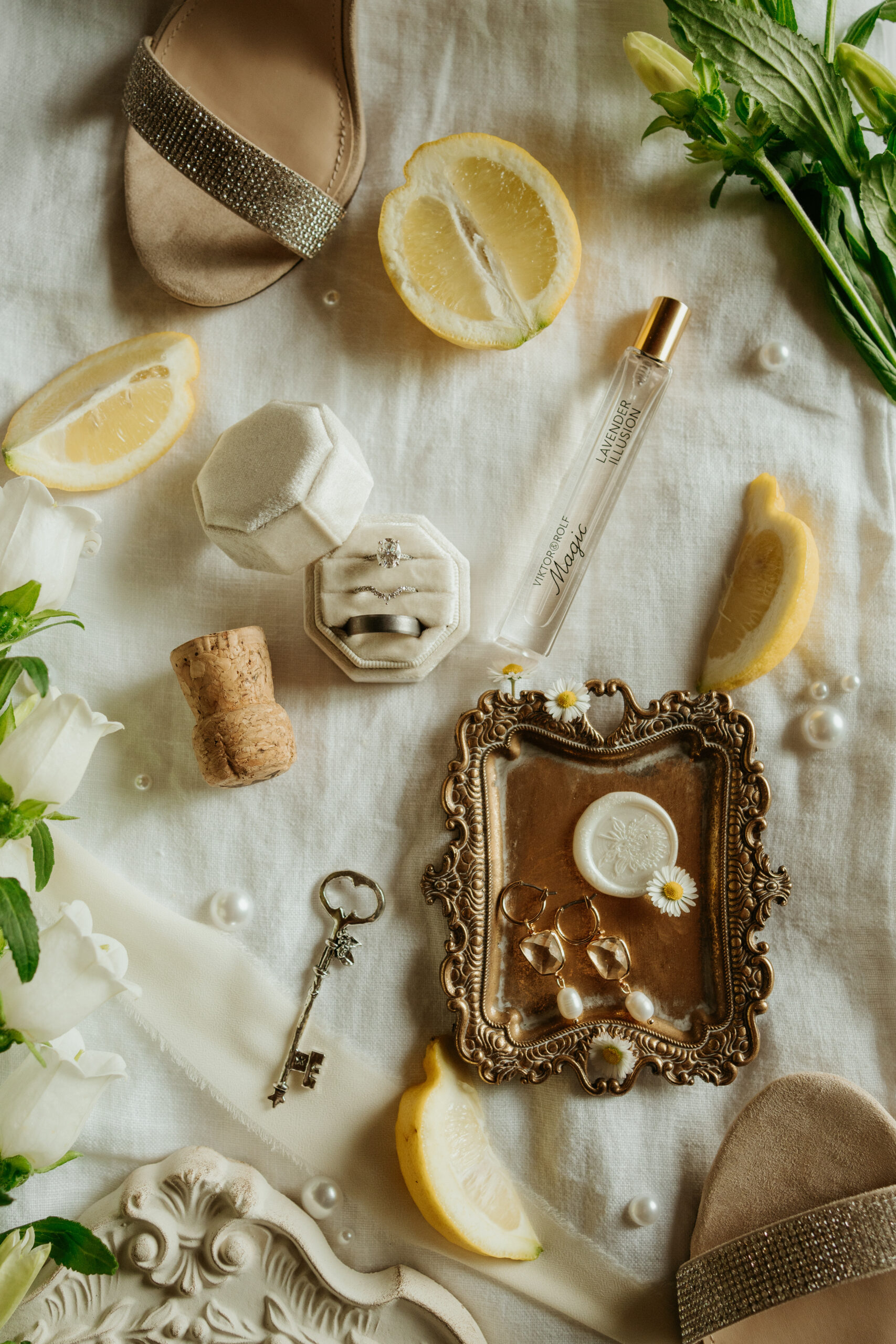 Italian Destination wedding flay lay with lemons