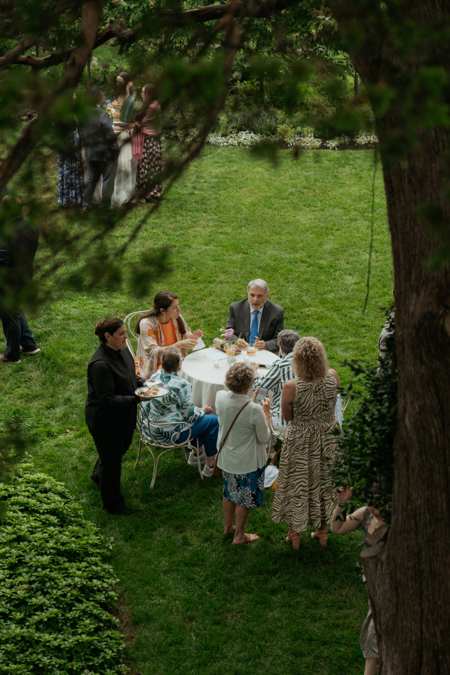 Above view of guests enjoying cocktail hour under a willowing tree at Long Hill in Beverly, MA. 